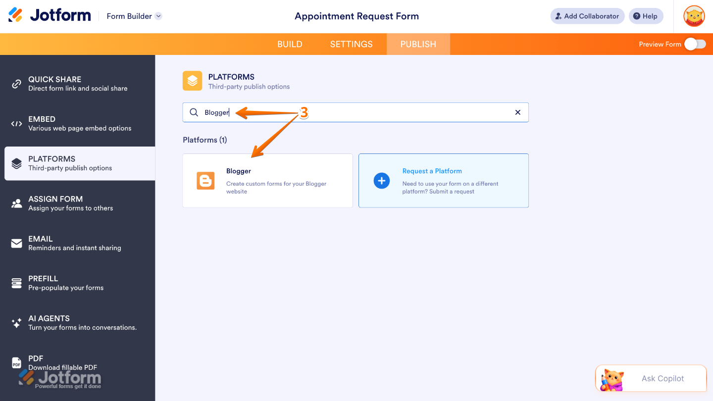 Platforms page showing the Blogger integration option being searched and selected