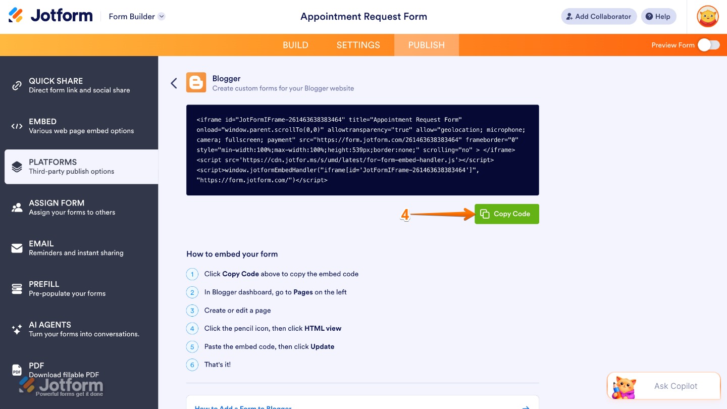 Blogger platform integration page showing the Copy Code button for copying embed code