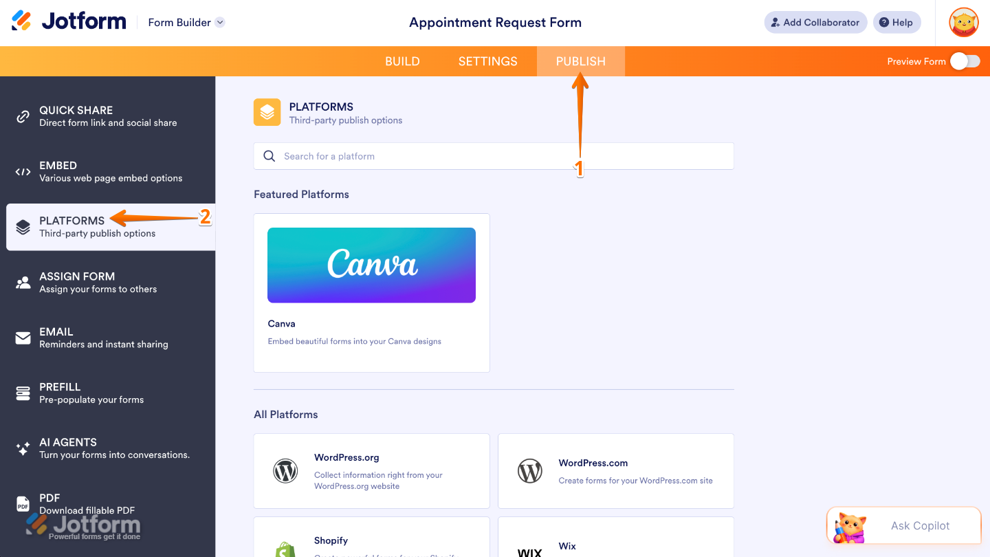 Form Builder Publish page showing the Platforms option selected from the left-side menu