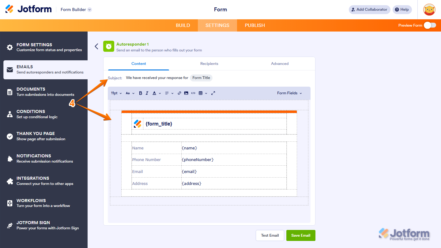 Autoresponder Email Content settings showing editable Email Subject and Email Content fields in Jotform
