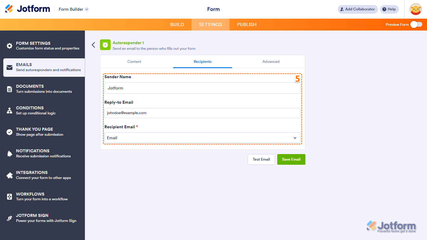 Autoresponder Recipients settings showing Sender Name Reply-to Email and Recipient Email fields in Jotform