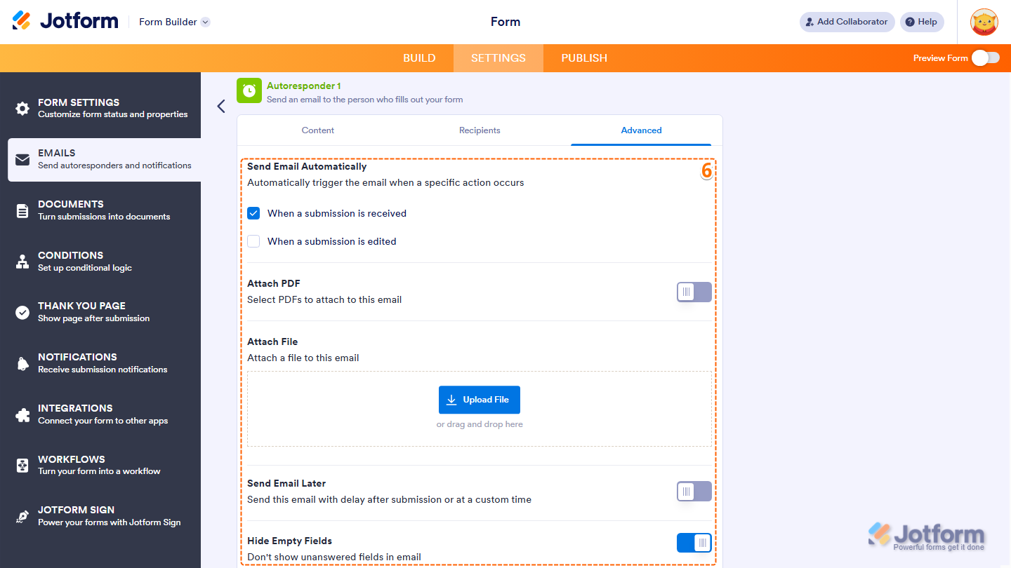 Autoresponder Advanced email settings showing automatic send PDF attachment attach file send later and hide empty fields options in Jotform