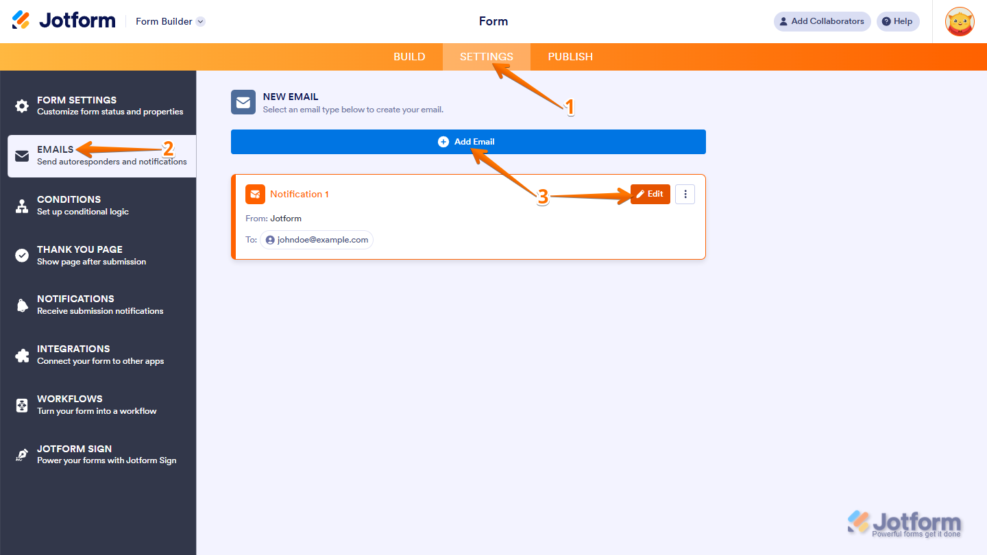 Form Builder Settings menu showing Emails option with Email Notification edit pencil icon and Add Email button in Jotform