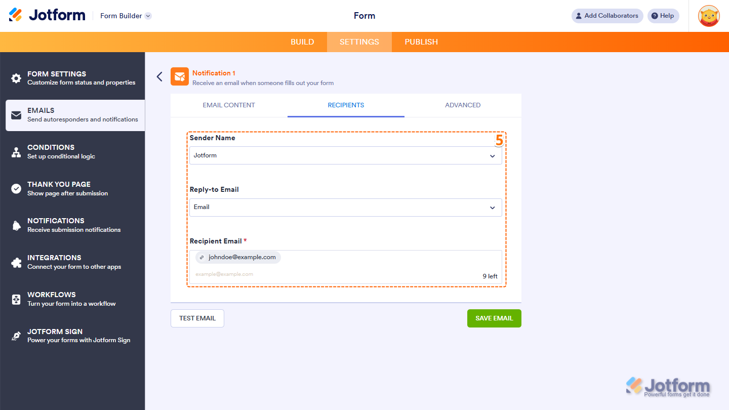 Recipients settings showing Sender Name Reply-to Email and Recipient Email fields in Jotform