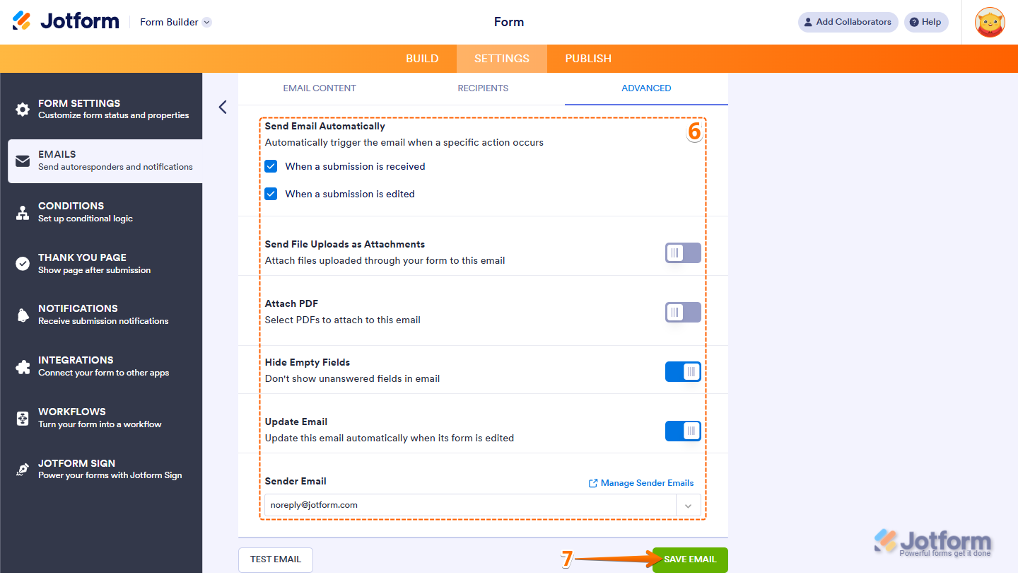 Advanced email settings showing automatic send file attachments PDF attachment hide empty fields updated email sender email and Save Email button in Jotform