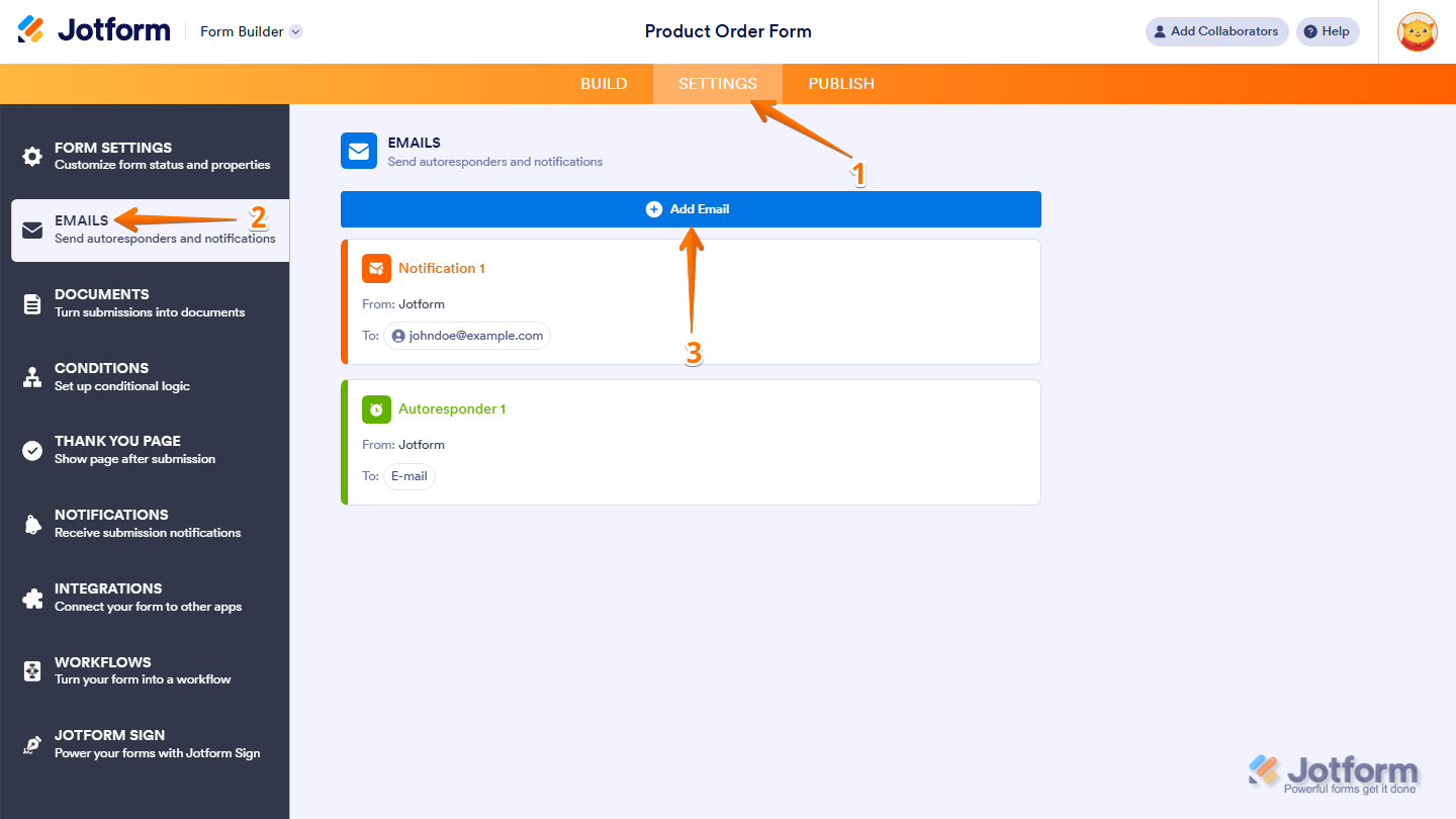 Form Builder Settings page showing Emails menu with Add Email button in Jotform