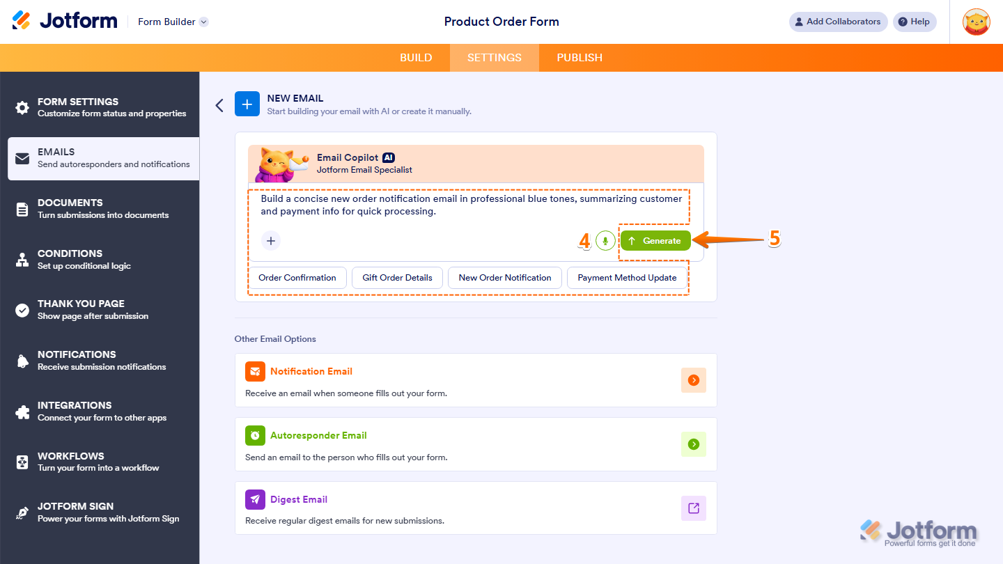 Email Copilot panel showing prompt field predefined templates microphone icon image upload plus icon and Generate button in Jotform