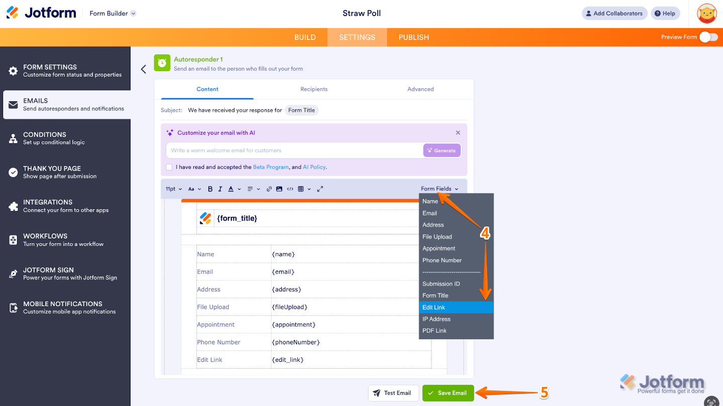 Autoresponder Email editor showing the Content tab with Form Fields menu open and the Edit Link option selected