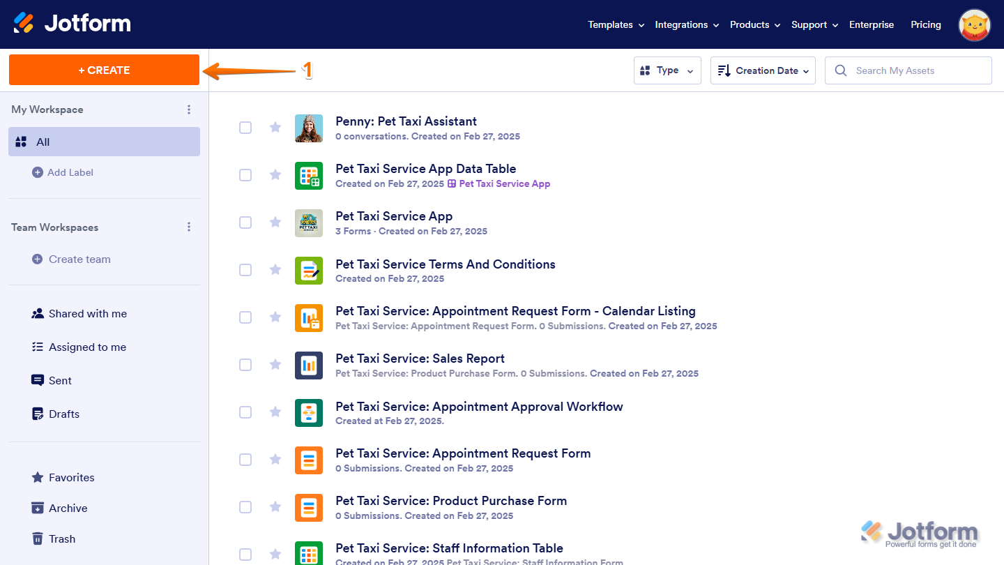 Create Asset button on the Jotform My Workspace page