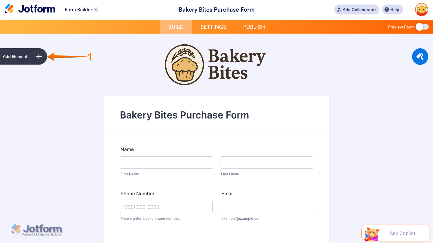 Clicking Add Element in Form Builder to add a PayPal Standard payment field in Jotform