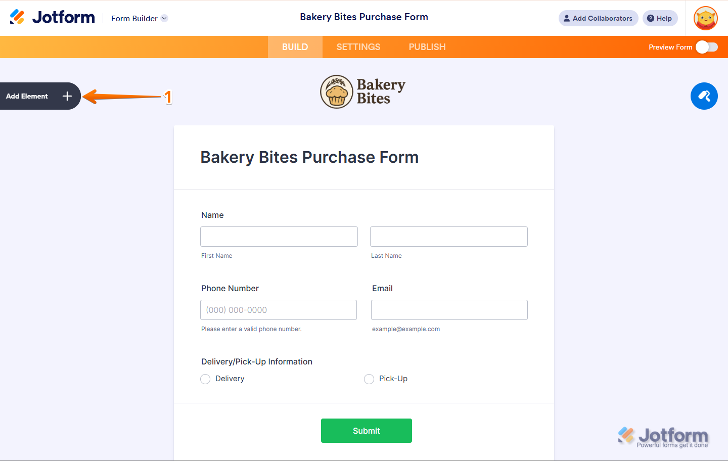 Clicking Add Element in Form Builder to open the Form Elements menu in Jotform