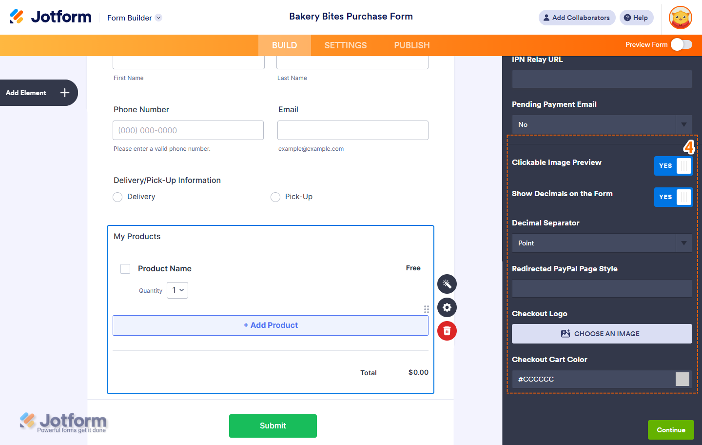 Setting up image preview, decimals, PayPal page style, checkout logo, and cart color in Jotform PayPal Standard Integration