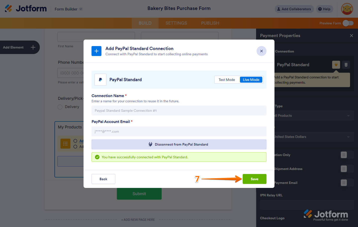 Clicking Save after connecting a PayPal Standard account in Jotform