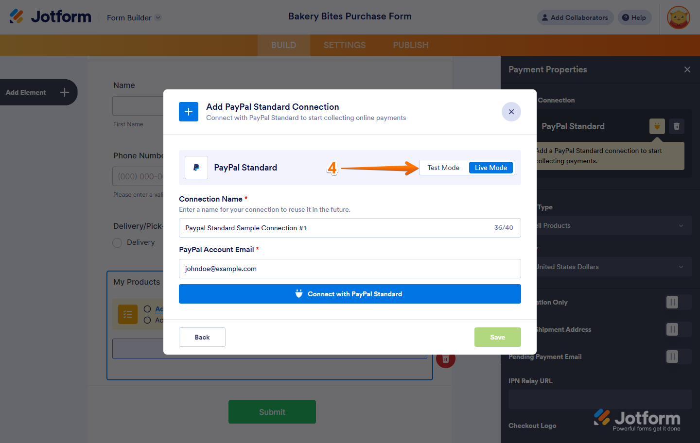 Now, in the PayPal Standard Connection window, click on either Test Mode or Live Mode at the top to select the environment for your payment connection