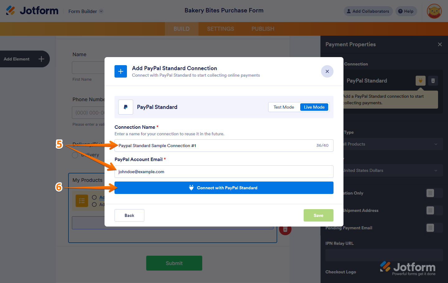 Entering a connection name and PayPal account email before clicking Connect with PayPal Standard in Jotform