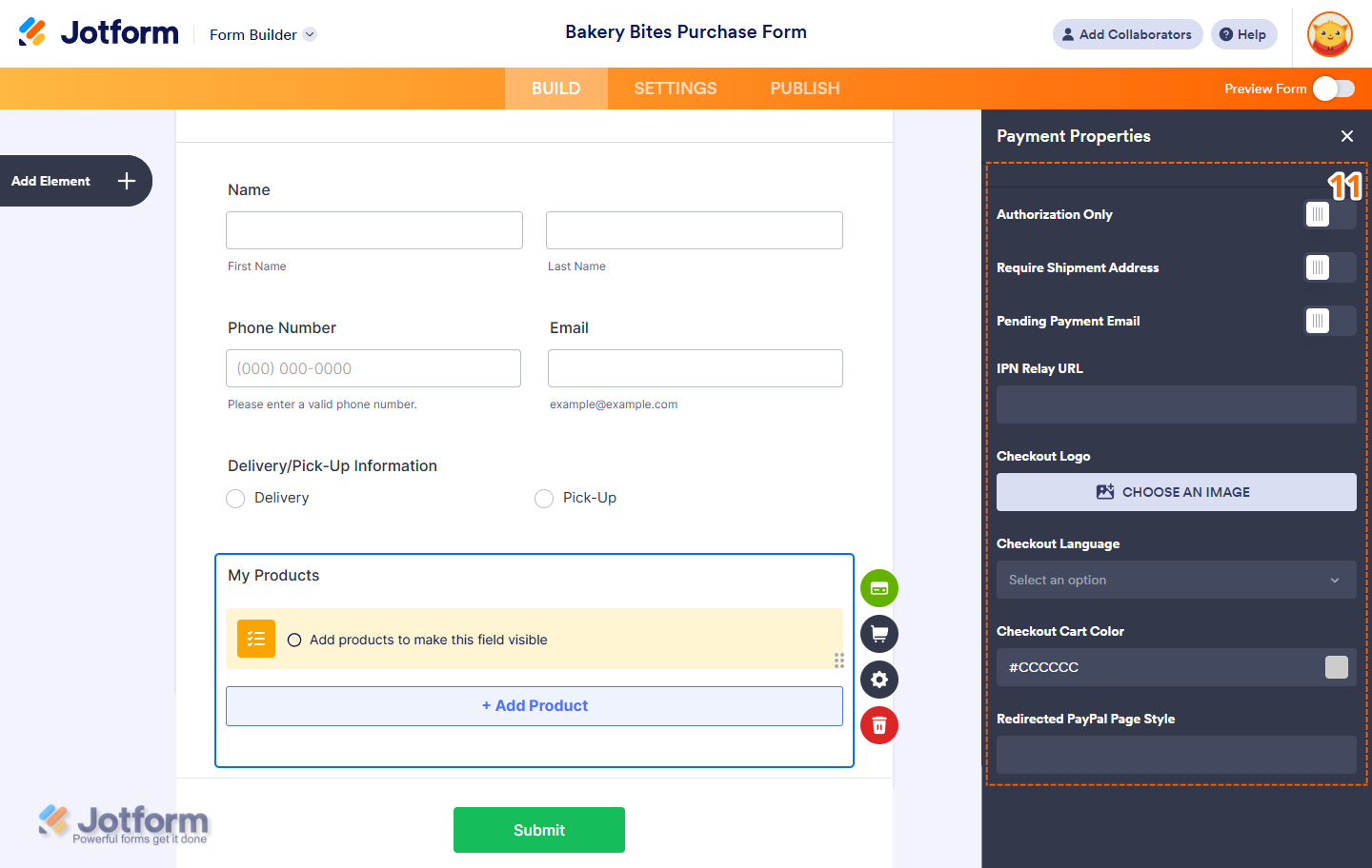 Configuring final PayPal Standard settings in Jotform, including authorization, shipping address, email notifications, IPN, checkout logo, language, cart color, and page style