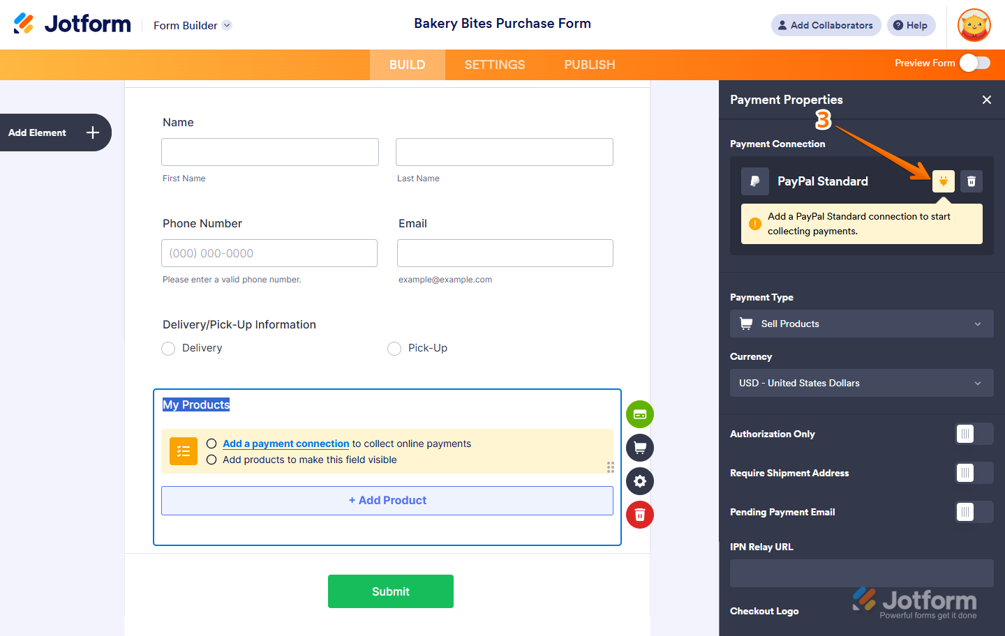 Clicking the Plug icon in the Payment Properties section to set up PayPal Standard in Jotform