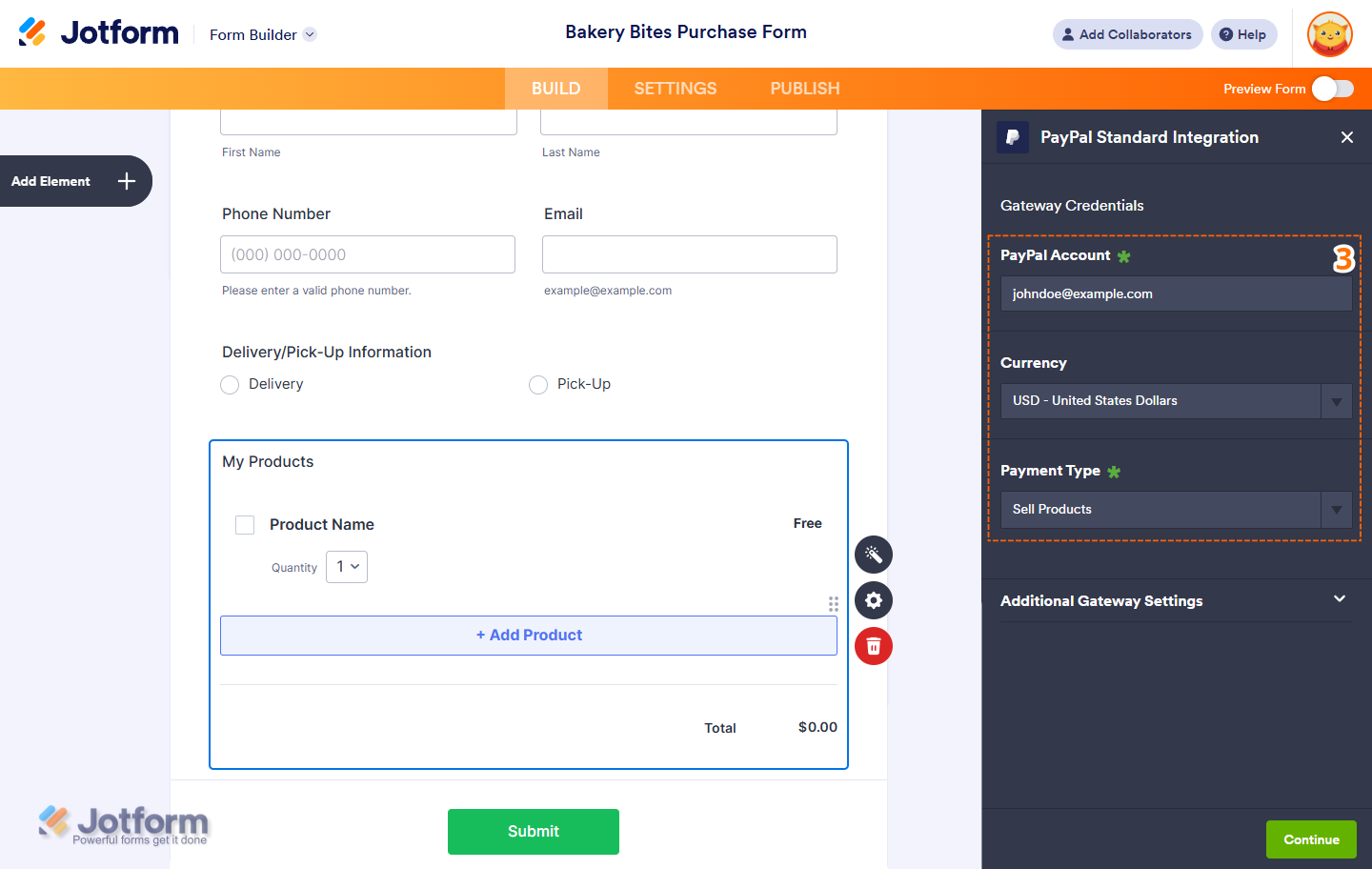 Setting up PayPal Account, Currency, and Payment Type in the PayPal Standard Integration window in Jotform.