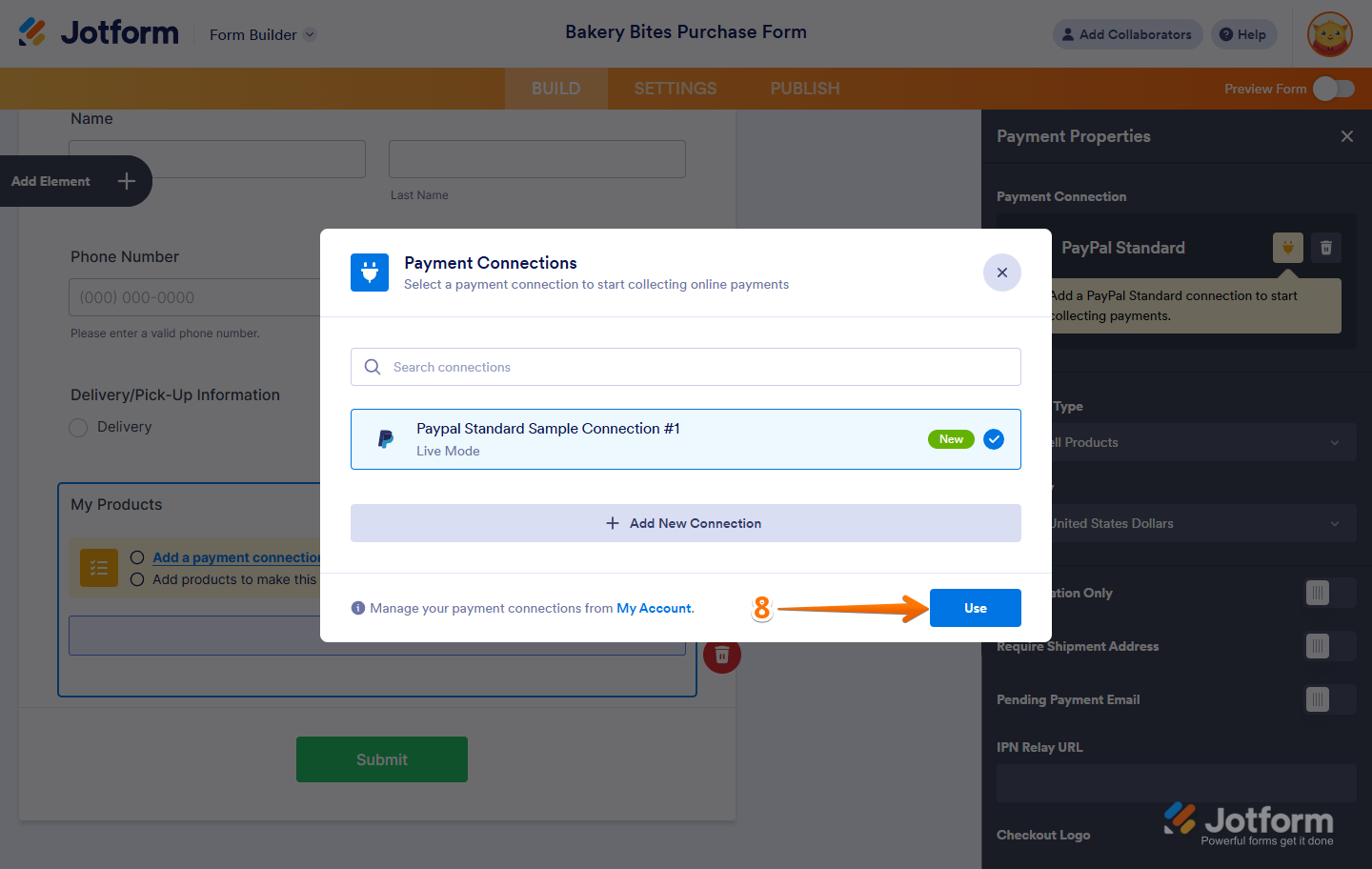 Saving the connected PayPal Standard account settings in Jotform
