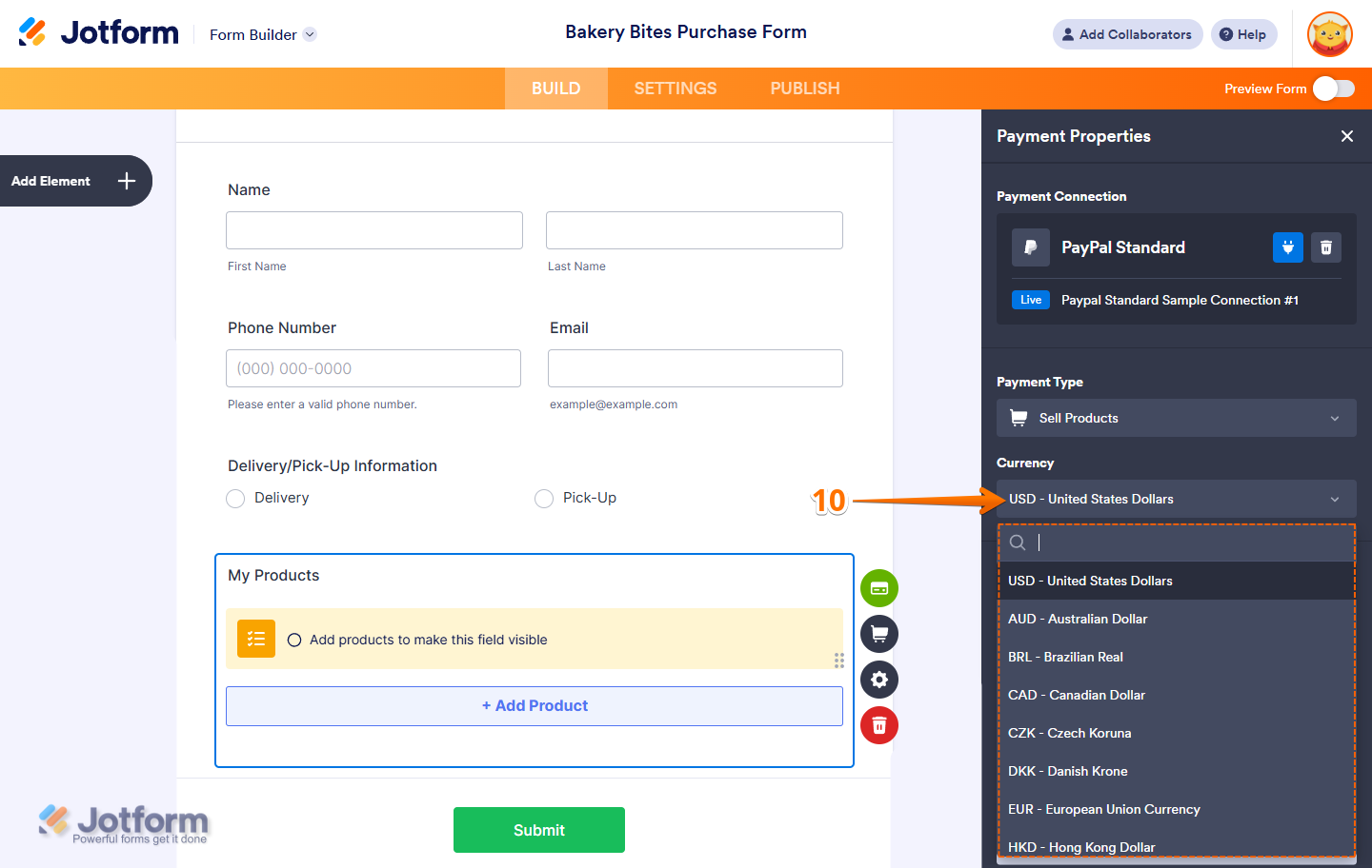 Choosing a currency from the Currency dropdown in PayPal Standard Integration in Jotform