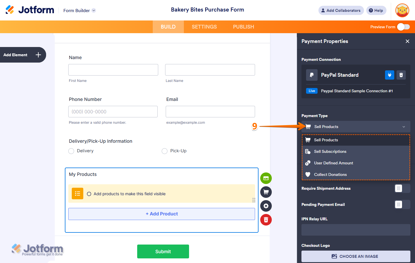 Selecting a payment type from the dropdown menu in PayPal Standard Integration: Sell Products, Subscriptions, User-Defined Amount, or Collect Donations in Jotform