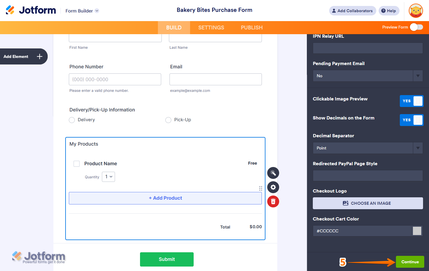 Clicking Continue or Save based on the selected payment type in PayPal Standard Integration in Jotform