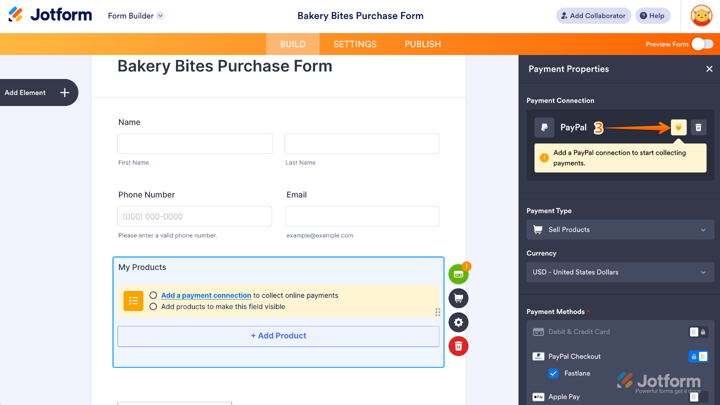 Clicking the Plug icon in the Payment Properties section to set up PayPal Standard in Jotform