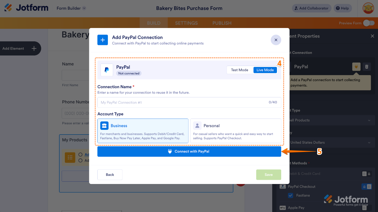 Configuring the PayPal Standard integration by selecting the payment mode, entering a connection name, choosing an account type, and clicking Connect with PayPal Standard