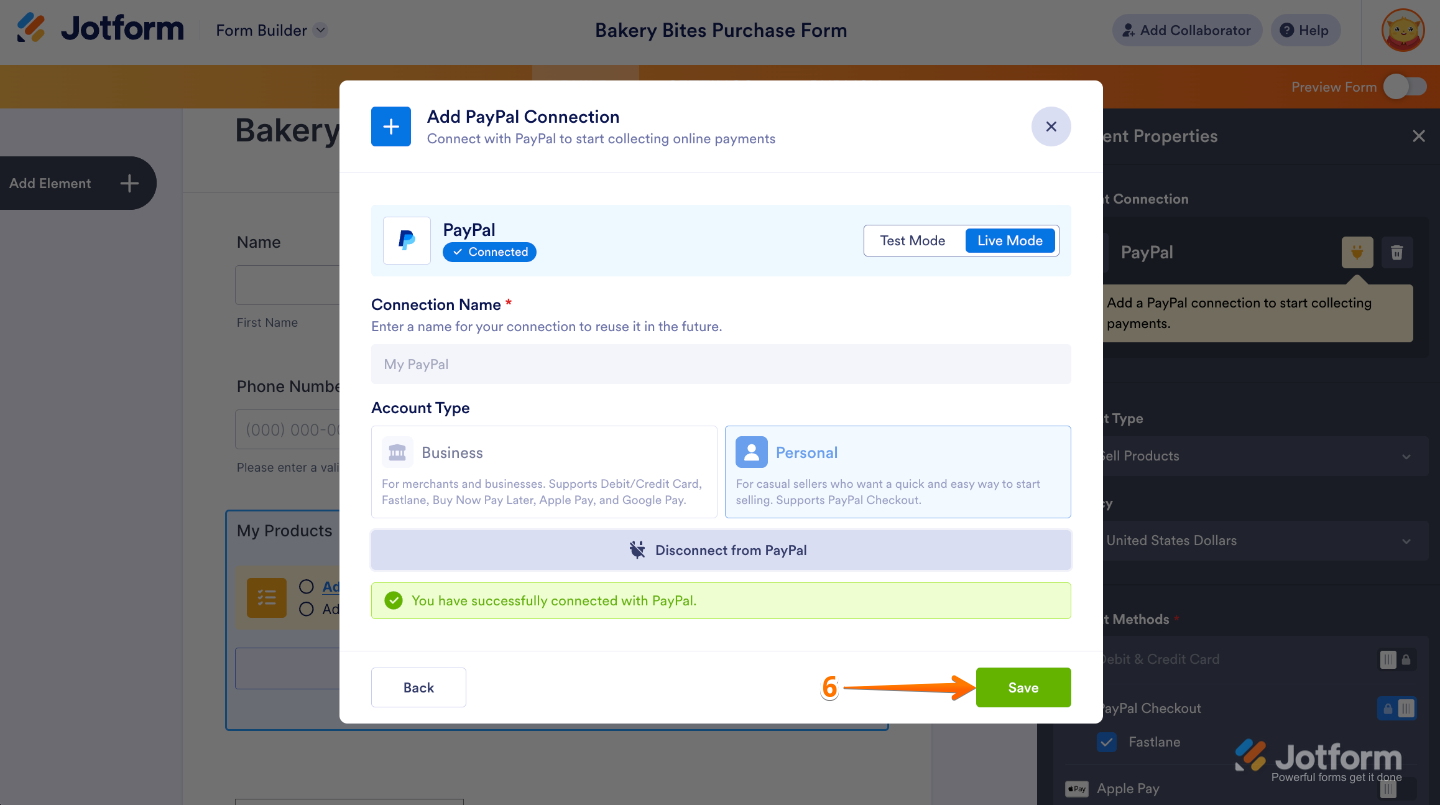 Saving the PayPal Standard integration after successfully connecting the PayPal account