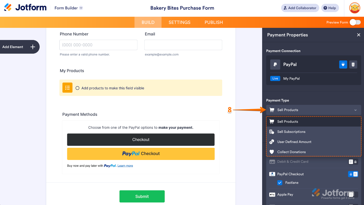 Configuring the Payment Type in the PayPal Standard integration by selecting Sell Products, Sell Subscriptions, User-Defined Amount, or Collect Donations