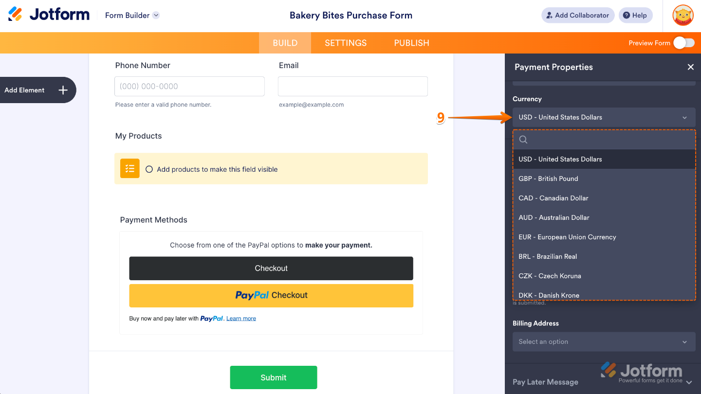 Selecting a supported currency from the Currency dropdown in the PayPal Standard payment configuration
