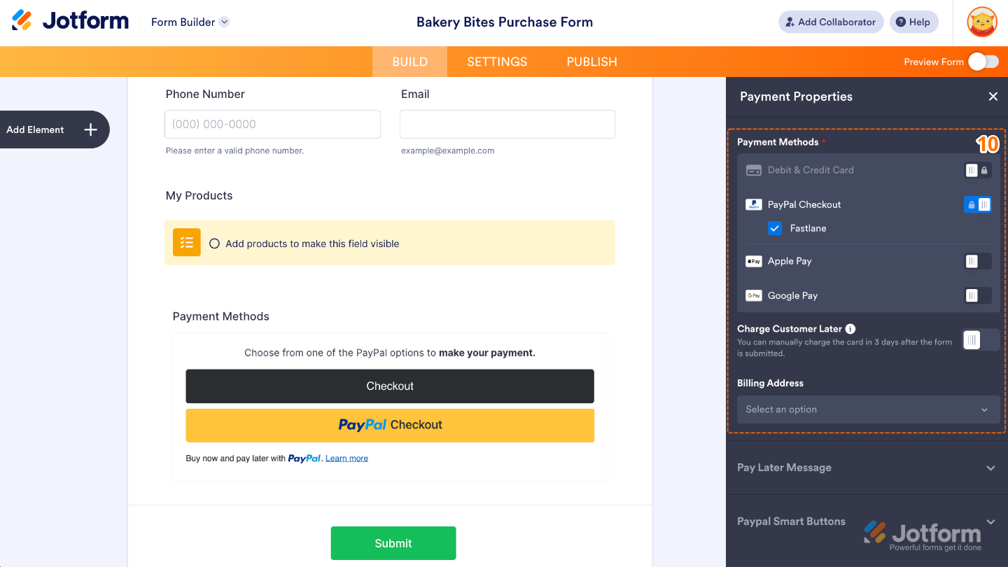 Configuring the PayPal Standard integration by selecting payment methods, enabling charge later, and collecting customers' billing addresses