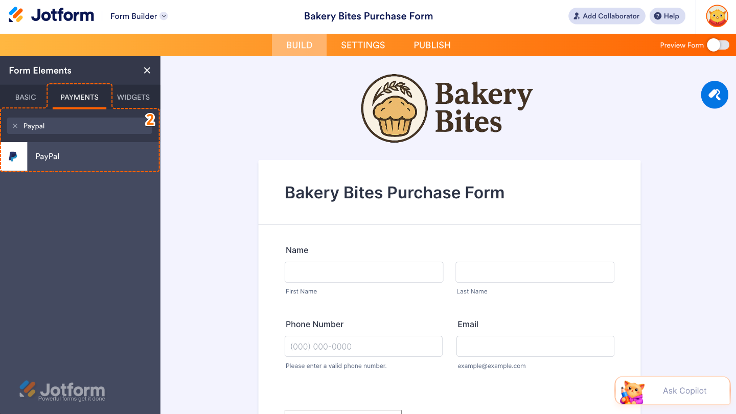 Searching for PayPal under the Payments tab to choose between PayPal and PayPal Standard in Jotform Form Builder.