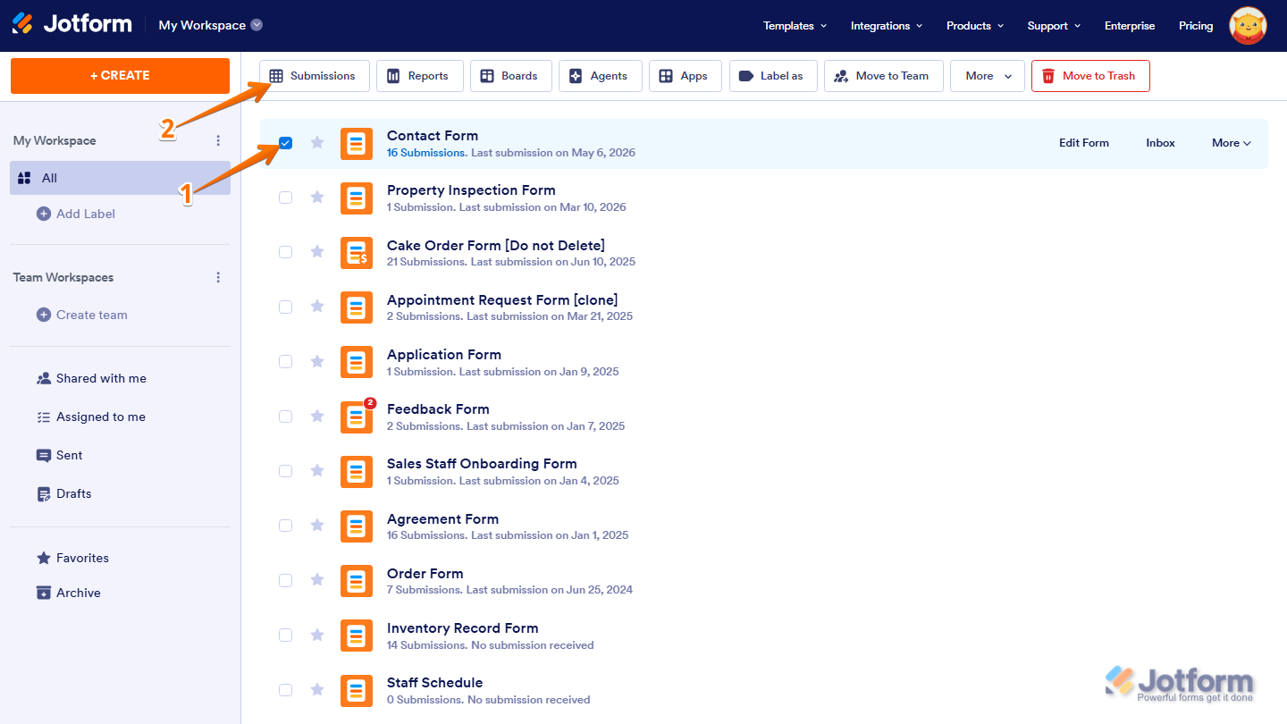 Workspace page showing form selection and Submissions option in Jotform