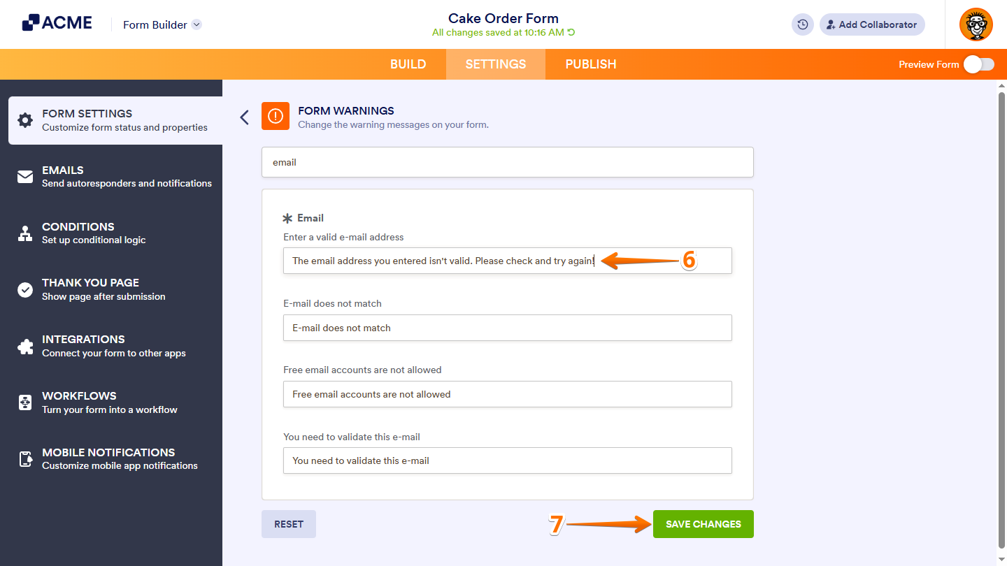 Save Changes button of the Form Warnings section in the Form Settings section of the Settings tab in Form Builder