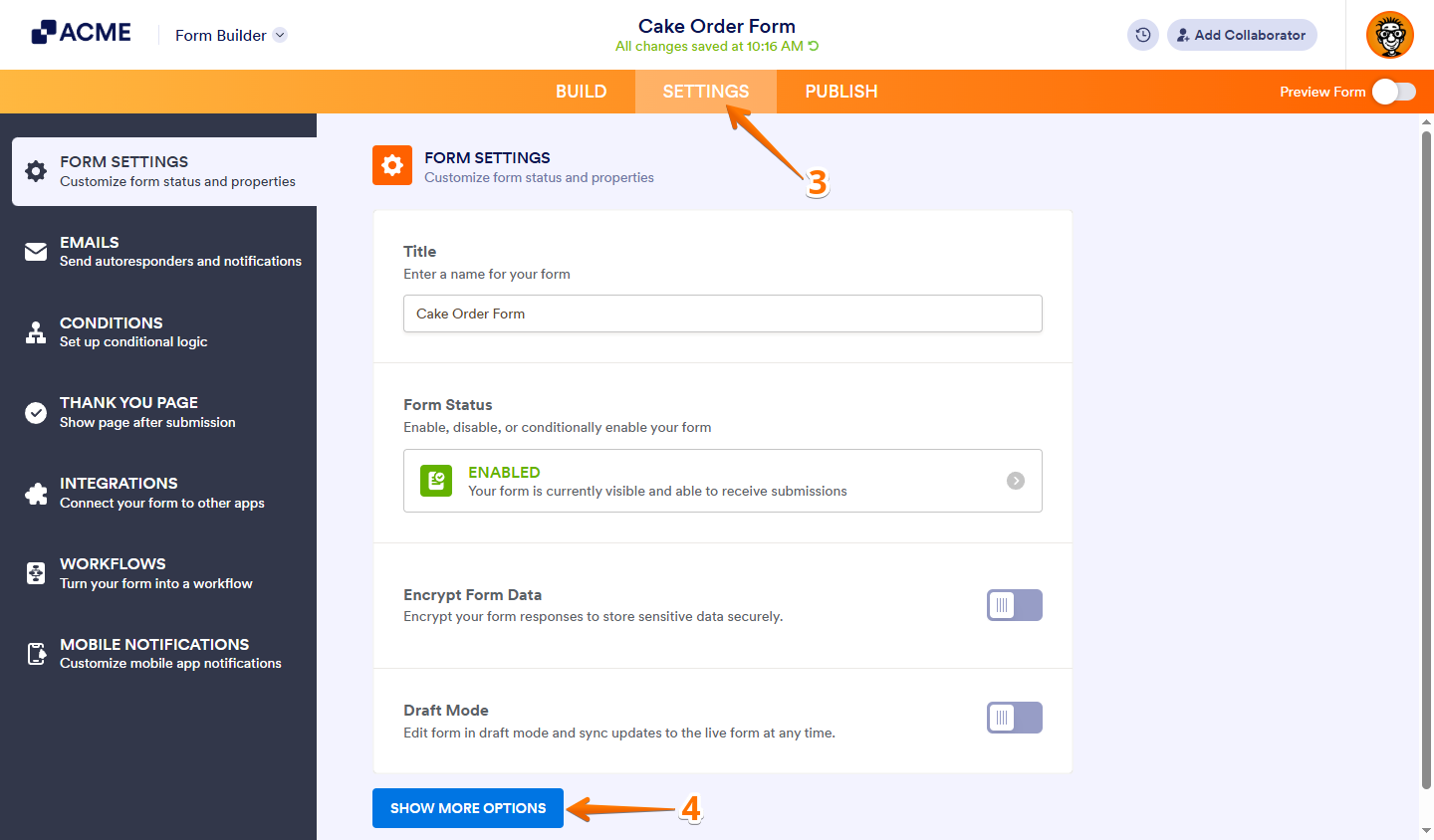 Show More Options in the Form Settings section of the Settings tab in Form Builder