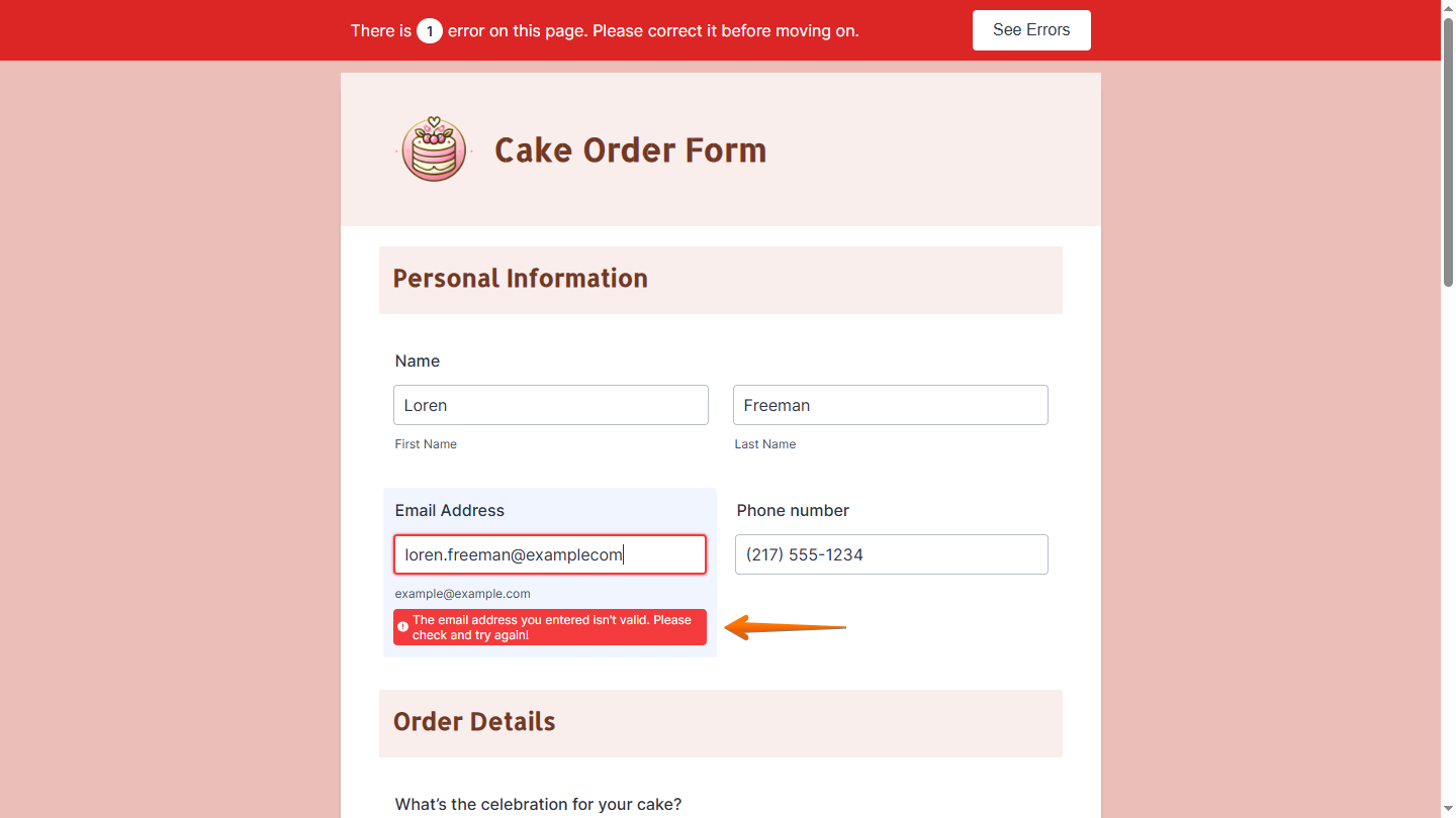 Sample updated form warning message of a form