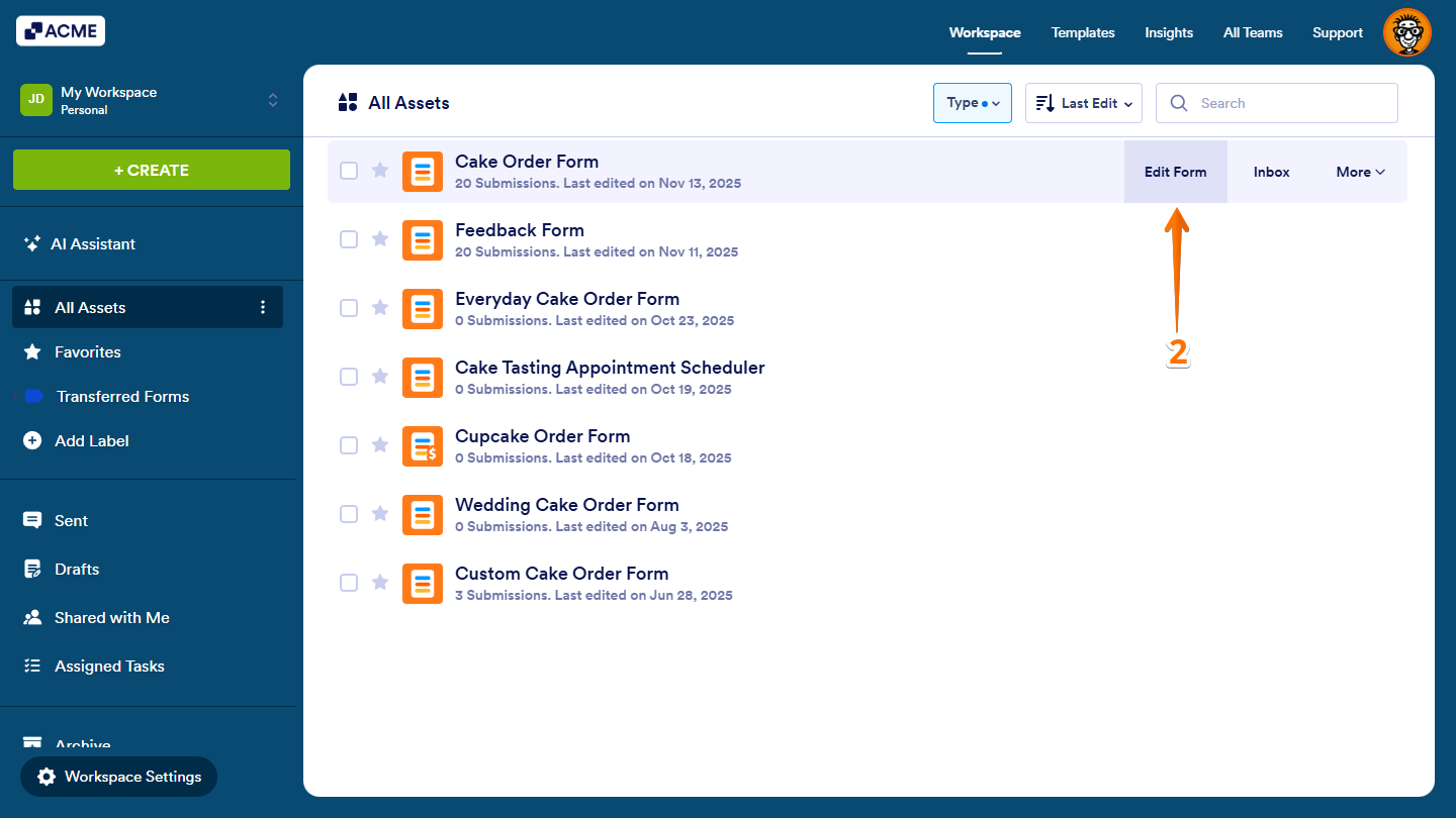 Edit Form button of a form on the Workspace page