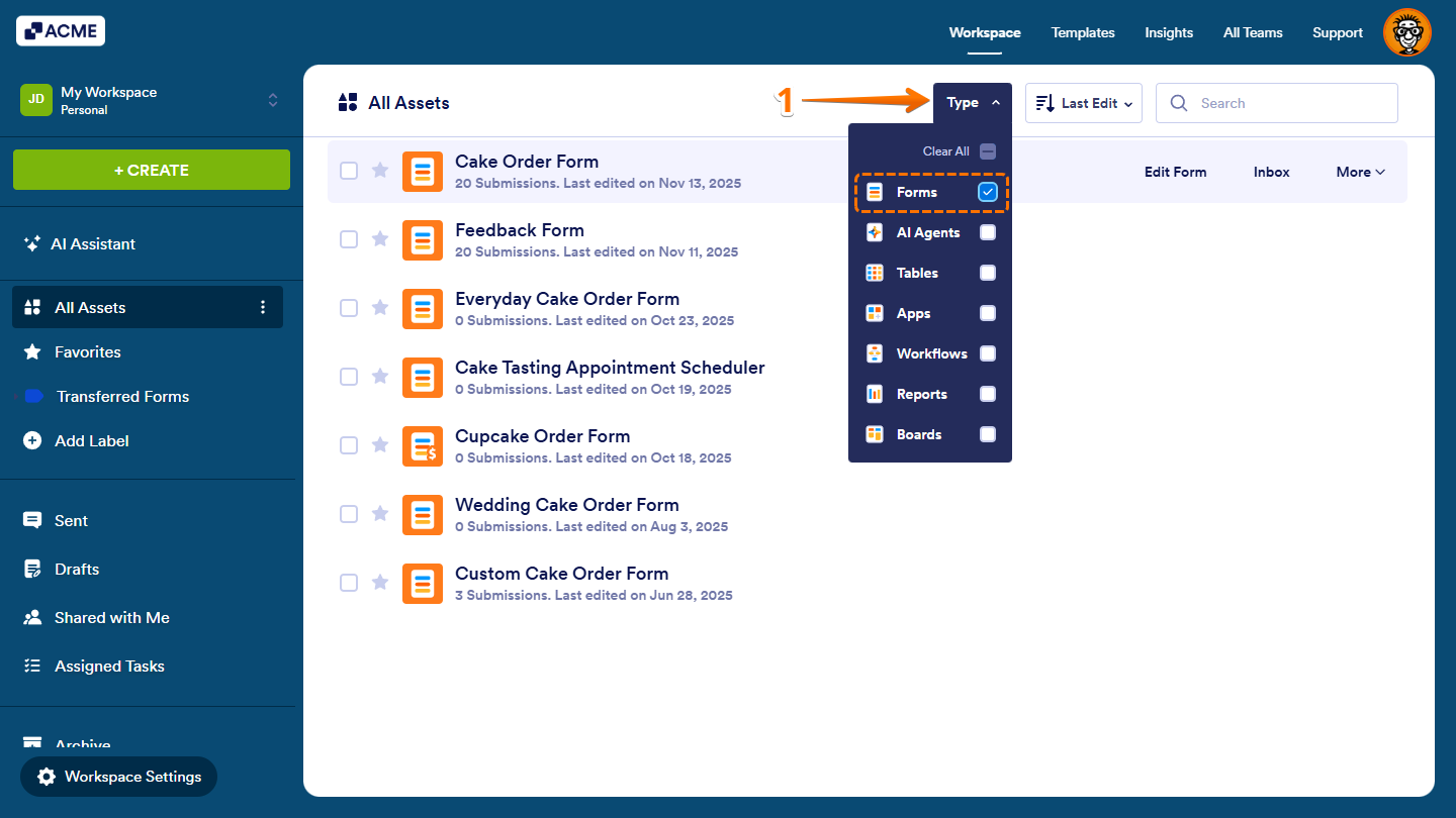 Forms option checked in the Type dropdown menu on the Workspace page