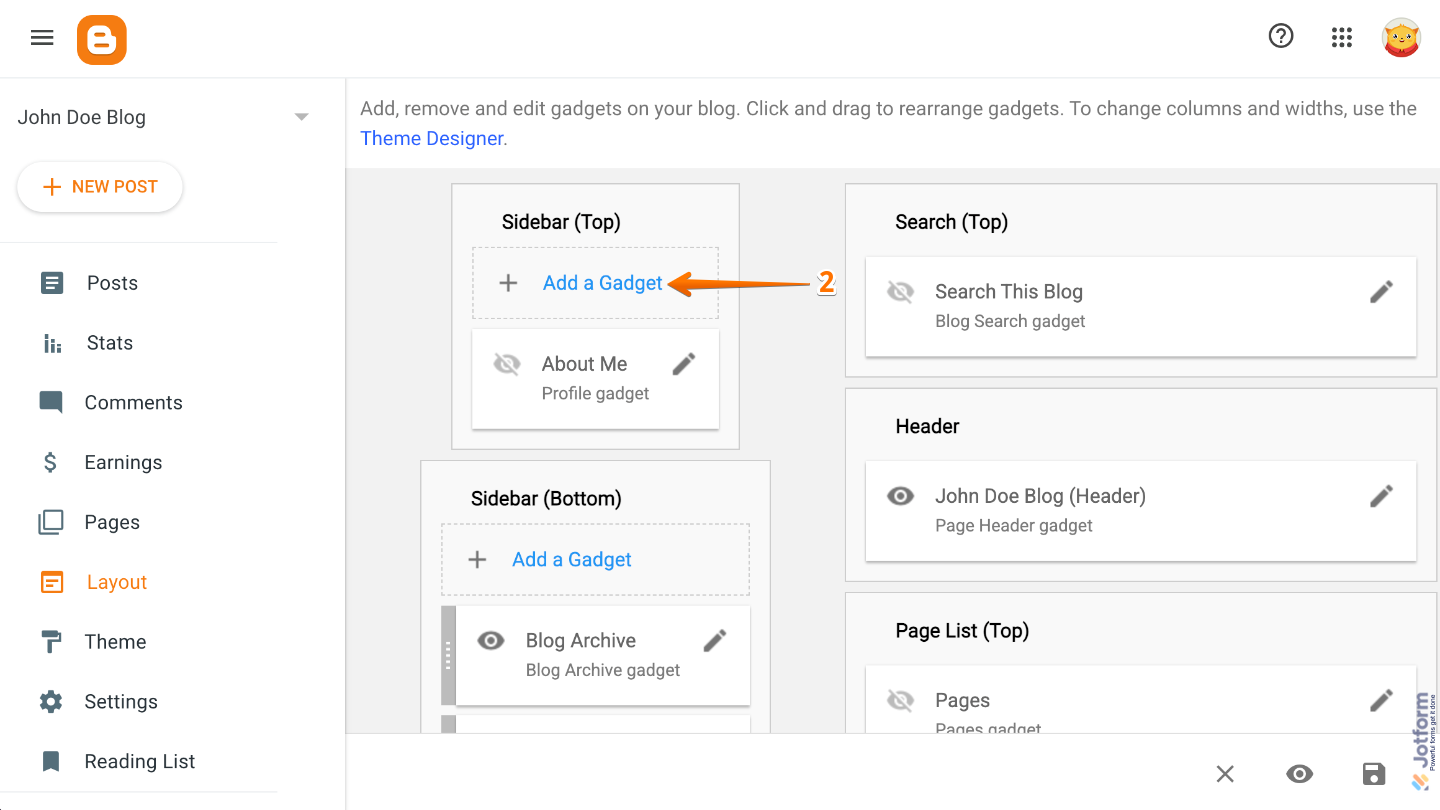 Blogger Layout page showing the Add a Gadget option in the selected sidebar section