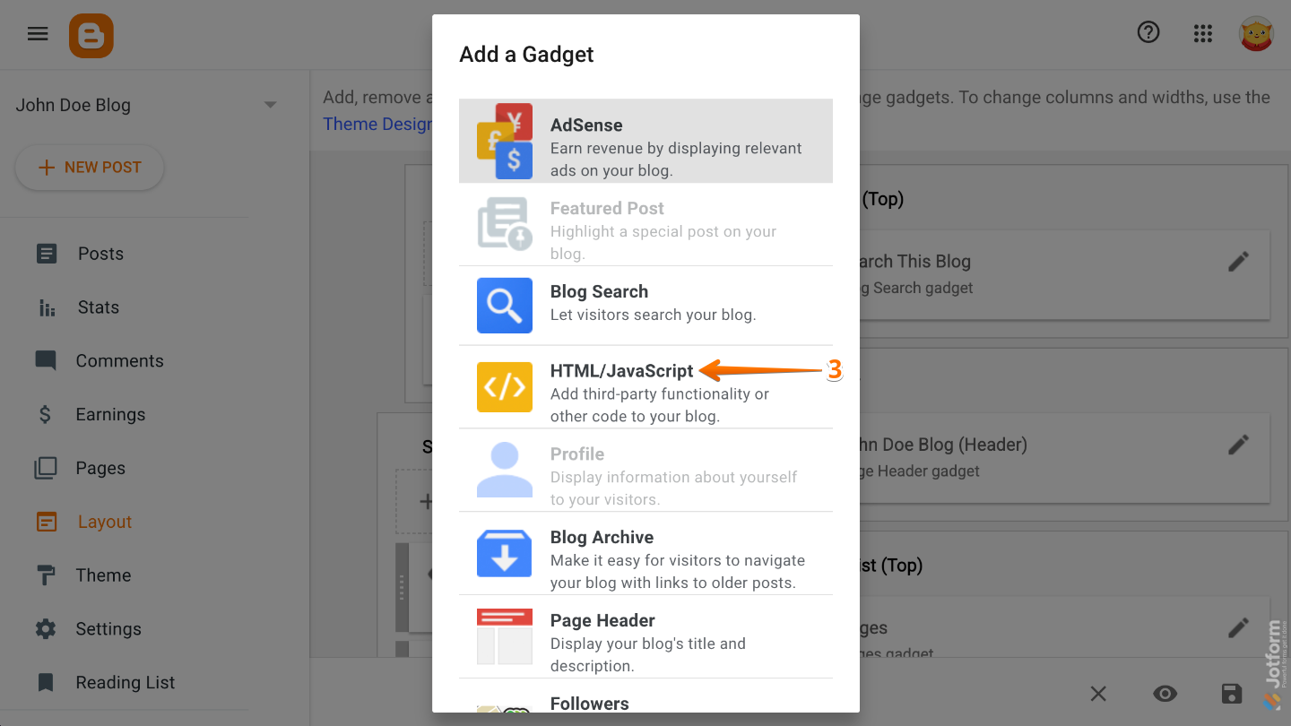 Blogger Add a Gadget window showing the HTML/JavaScript gadget option being selected