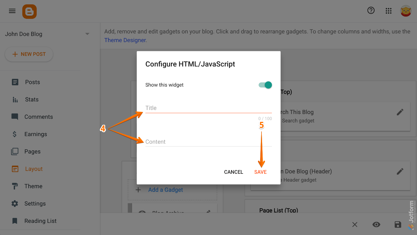 Blogger Configure HTML/JavaScript window showing a title field and content area with embed code pasted inside