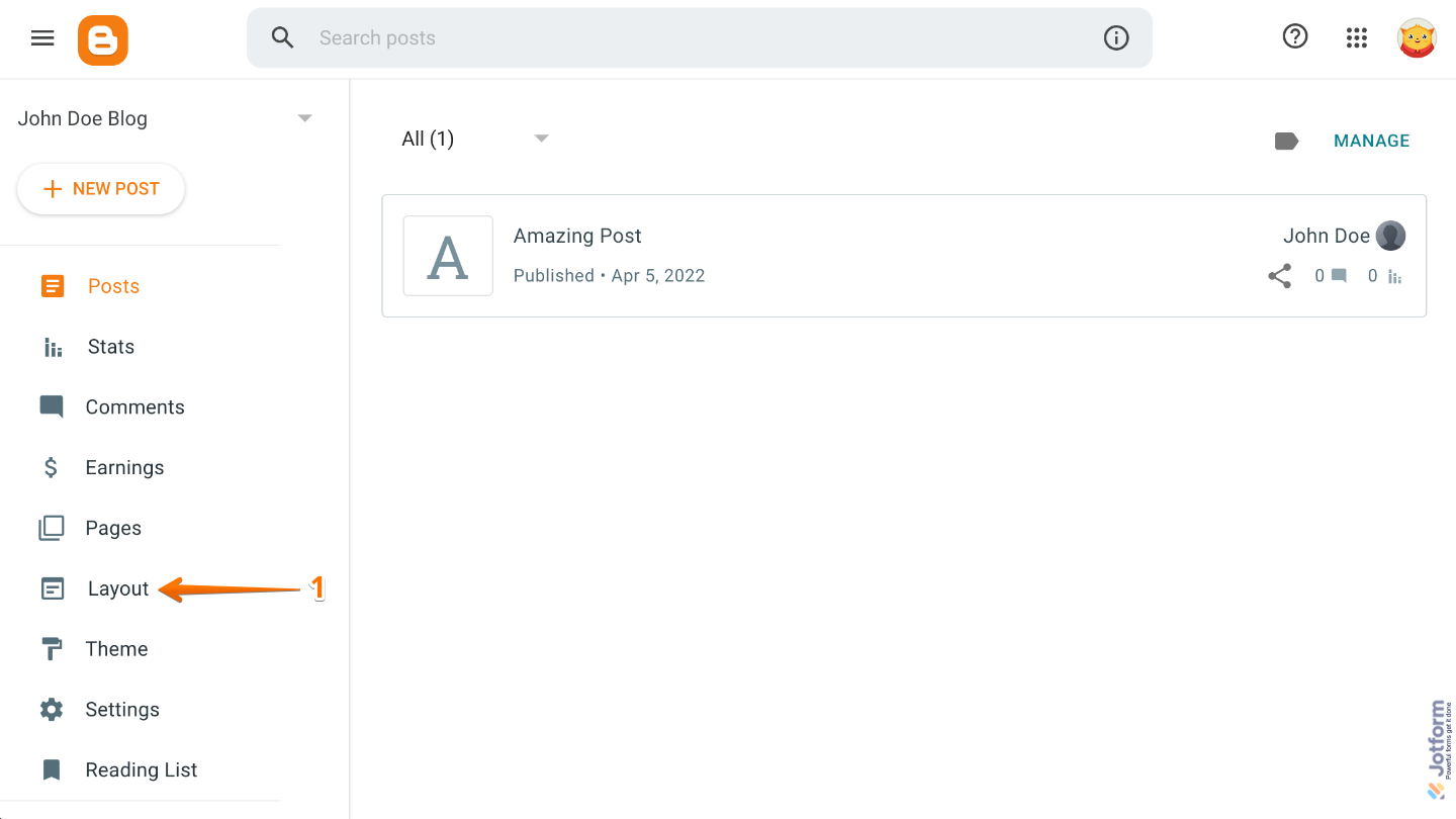 Blogger dashboard showing the Layout option selected from the left-side menu
