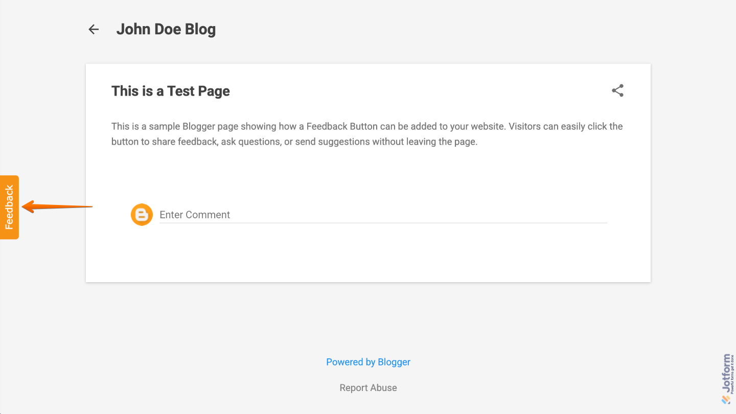 Blogger website displaying a Feedback Button widget added through custom HTML and JavaScript code
