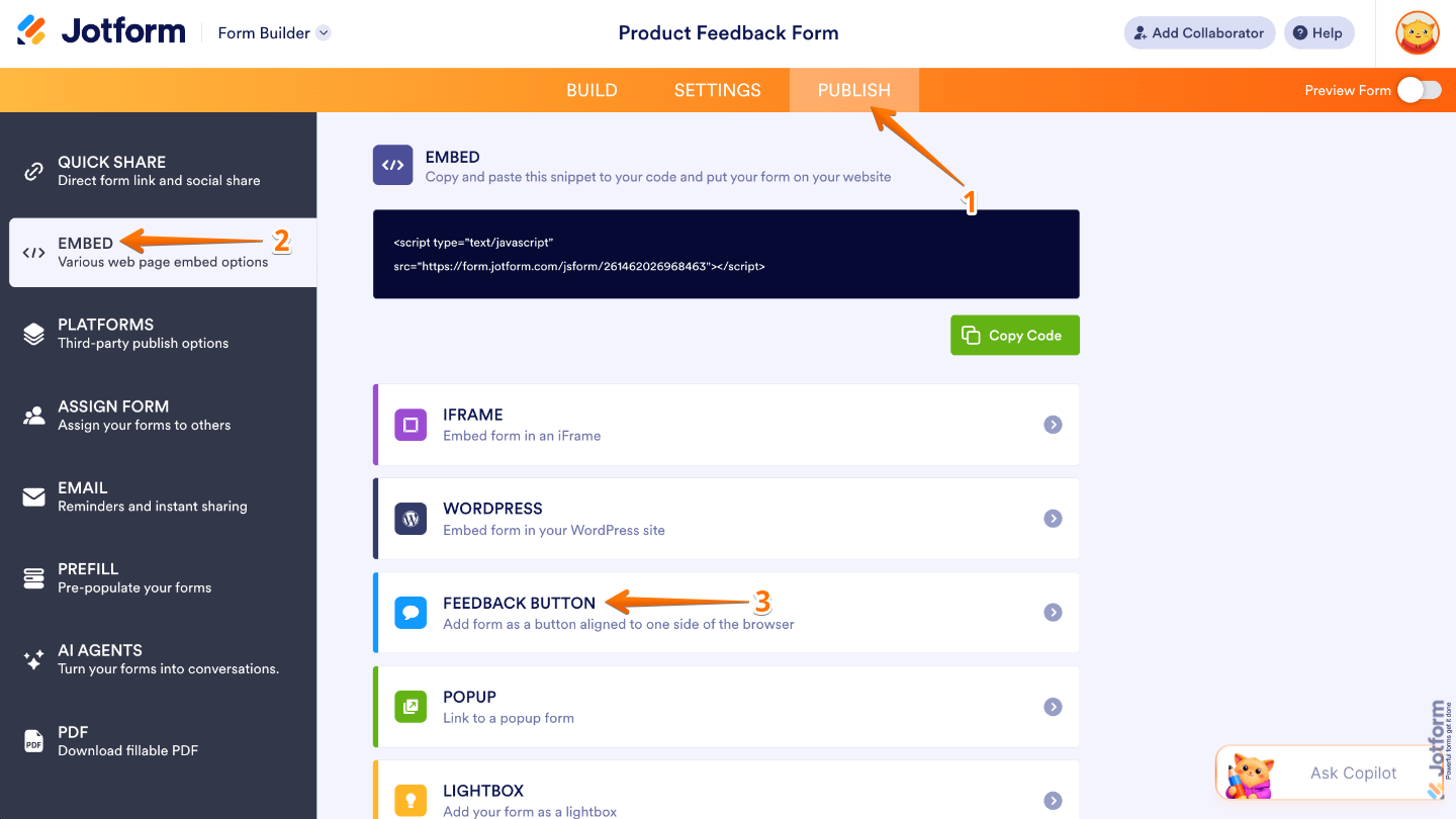 Form Builder Publish page showing the Embed menu and Feedback Button embed option