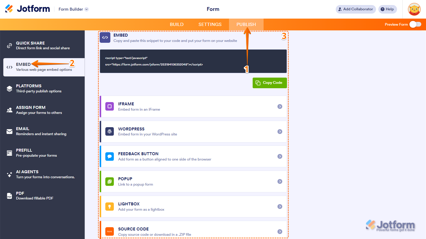 Publish settings showing Embed menu with multiple embed options in Jotform
