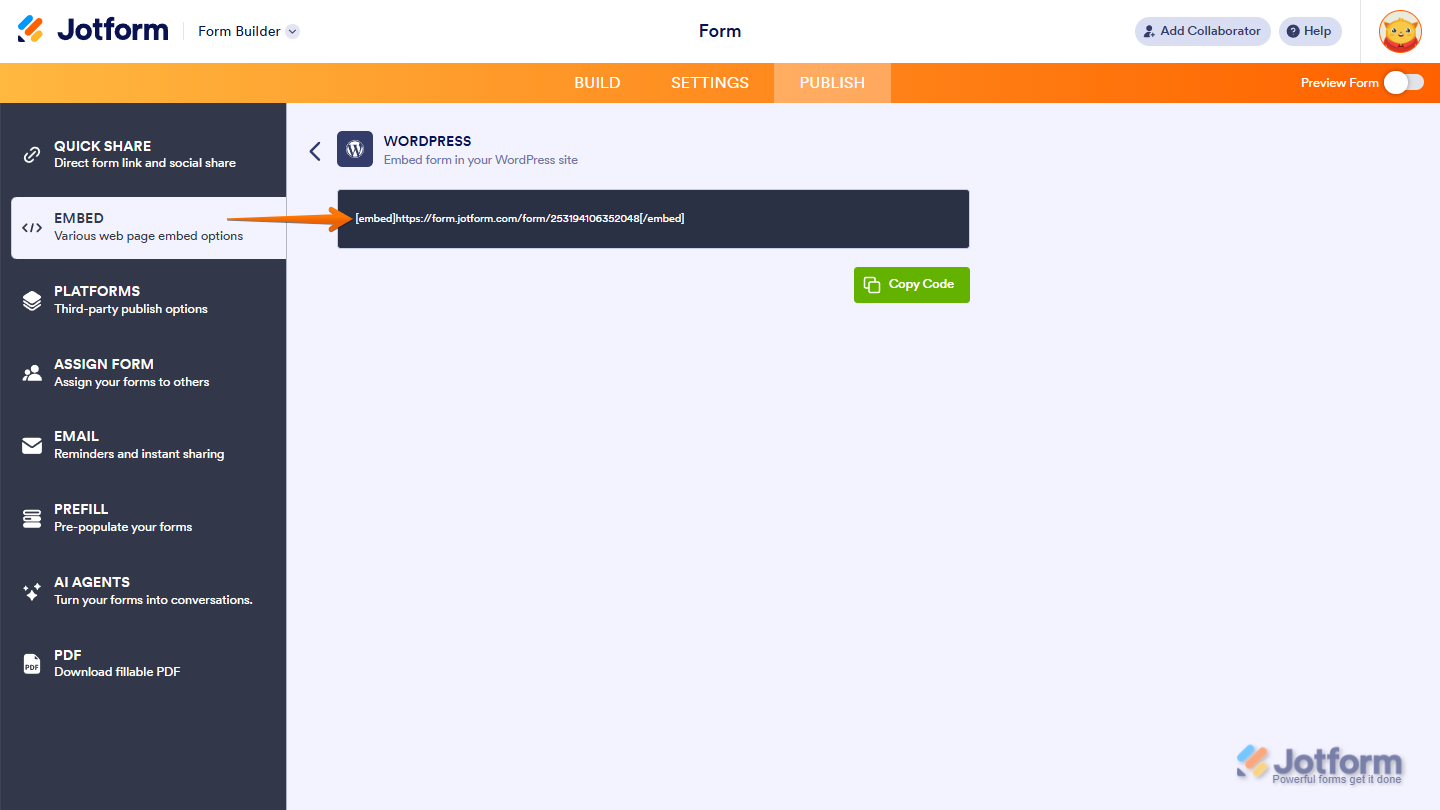 WordPress embed option
