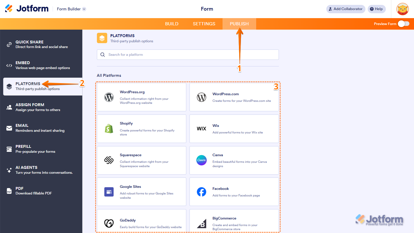 Publish settings showing Platforms menu and All Platforms embed options in Jotform