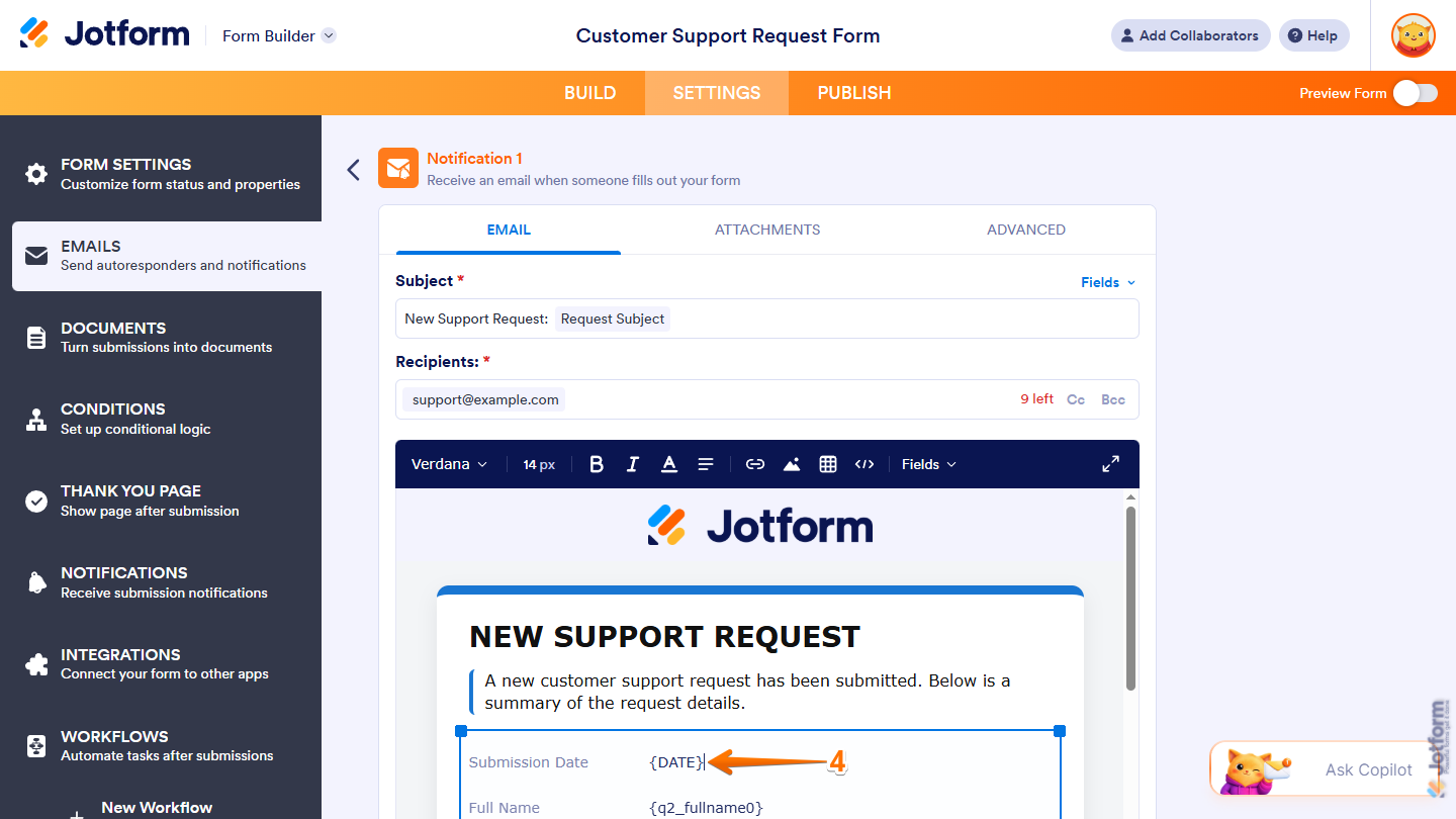 Date tag in the Email Content section of the Notification Email in the Emails section of the Settings tab in Jotform Tables