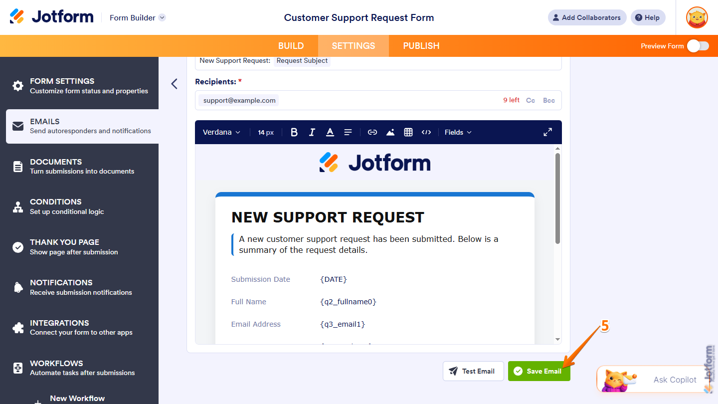 Save button of the Notification Email in the Emails section of the Settings tab in Jotform Tables